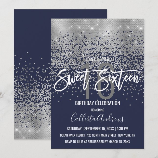 Modern Navy Blue Silver Glitzer Confetti Sweet 16 Einladung (Vorne/Hinten)