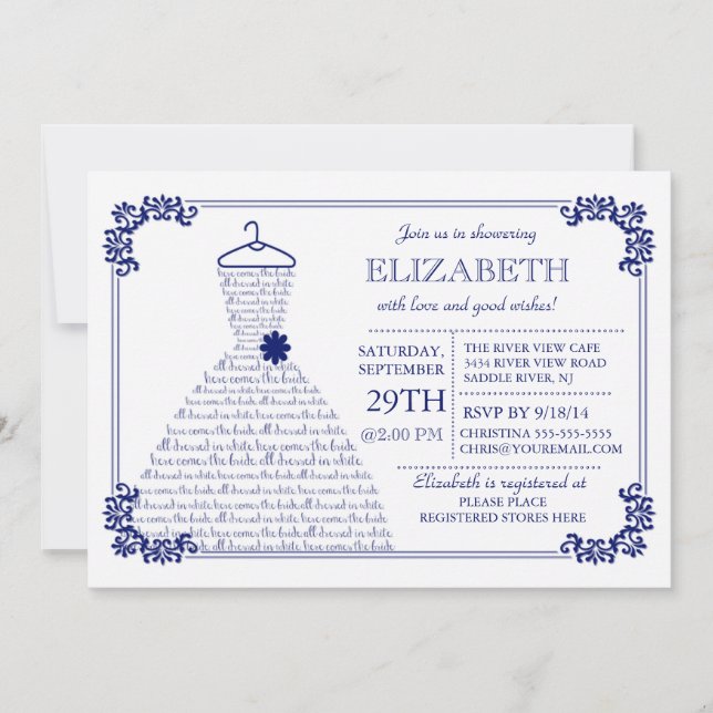 Modern Navy Blue Wedding Dress Brautparty Einladung (Vorderseite)