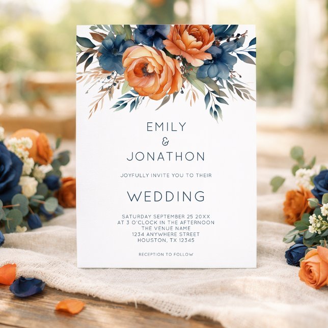 Modern Navy Burnt Orange Florals QR Code Wedding Einladung (Von Creator hochgeladen)