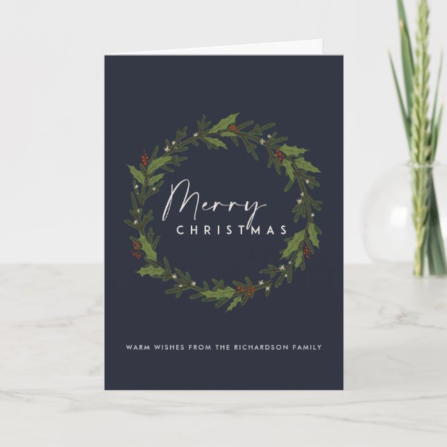 MODERN NAVY ELEGANT HOLLY BERRY WREATH CHRISTMAS KARTE (Vorderseite)