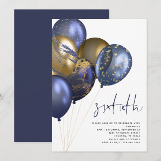 Modern Navy Gold Balloons 60. Geburtstagsparty Einladung