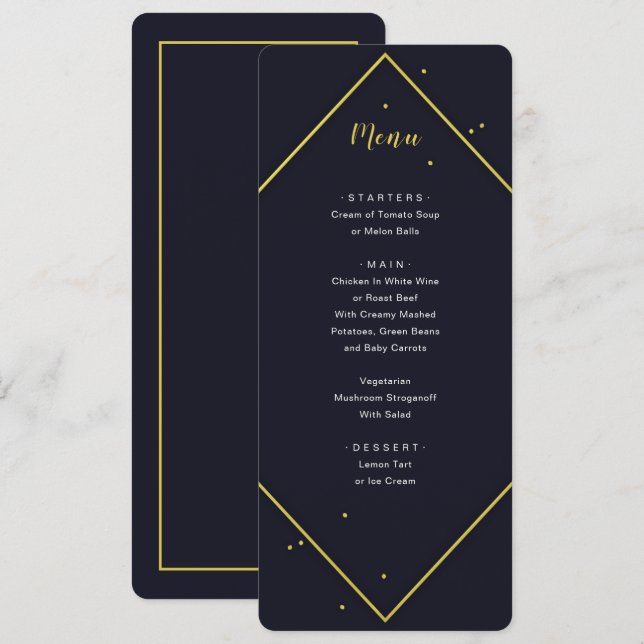 Modern Navy Gold Geometric Menu Einladung (Vorne/Hinten)