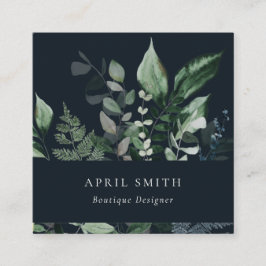 Modern Navy Green Leafy Tropical Foliage Fern Quadratische Visitenkarte