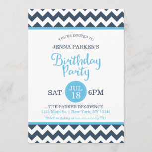 Modern Navy Sky Blue Zickzack Birthday Party Einladung