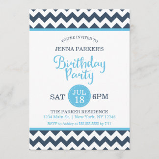 Modern Navy Sky Blue Zickzack Birthday Party Einladung