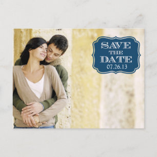 Modern Navy Swirl Label Save the Date Fotokarte Ankündigungspostkarte