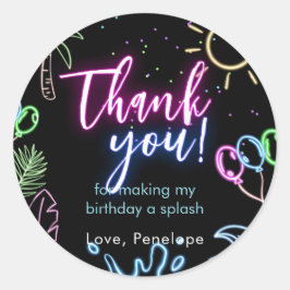 Modern Neon Glow Black Pool Party Thank you Runder Aufkleber