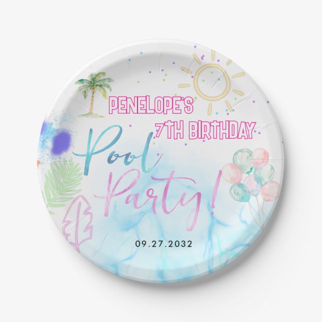 Modern Neon Glow Watercolor Pool Party Birthday Pappteller (Vorderseite)