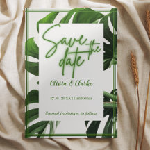 Modern Neon Green und White Tropical Save the Date