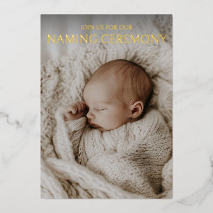 Modern Neutral Baby Naming Zeremonie Foto Gold Folieneinladung