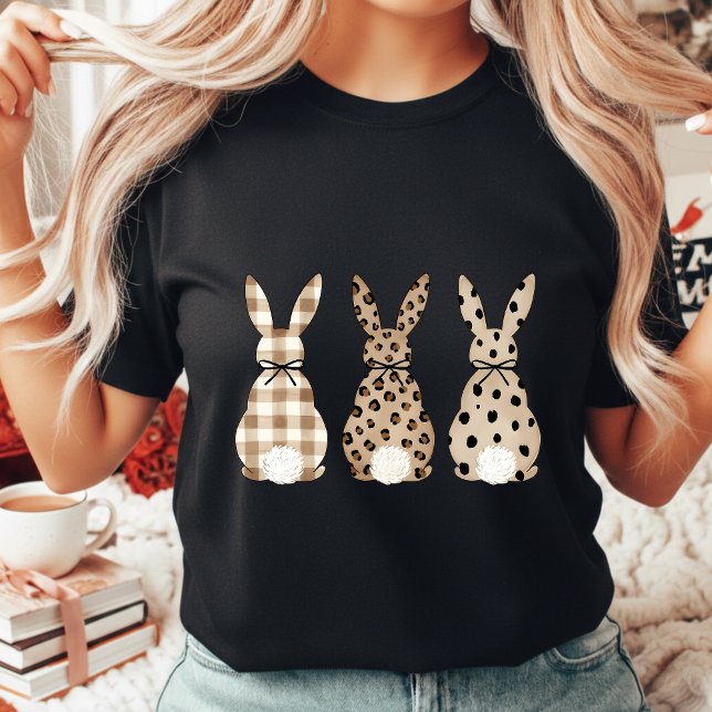 Modern Neutral Easter Bunny Leopard Print Gingham T-Shirt (Von Creator hochgeladen)