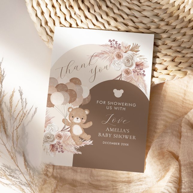 Modern Neutral Teddy Bear Baby Shower Balloons Dankeskarte (Von Creator hochgeladen)
