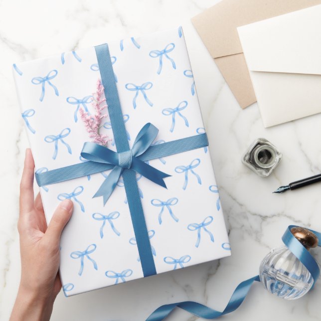 Modern Niedlich Coquette Blue Bow Weihnachten Geschenkpapier (Schenken)
