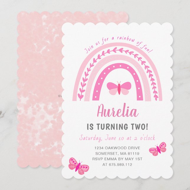 Modern Niedlich Pink Boho Rainbow Birthday Einladung (Vorne/Hinten)
