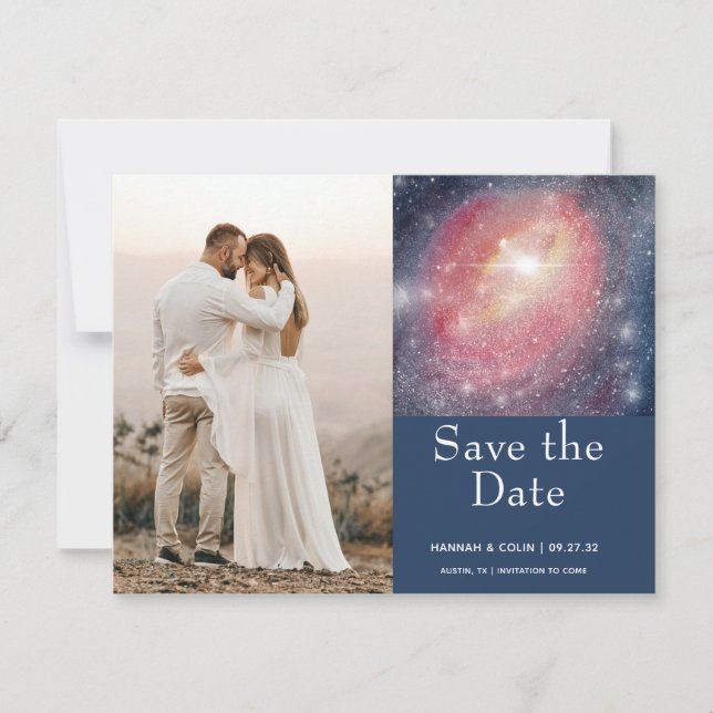 Modern Night Sky Galaxy Blau Save the Date Lila (Vorderseite)