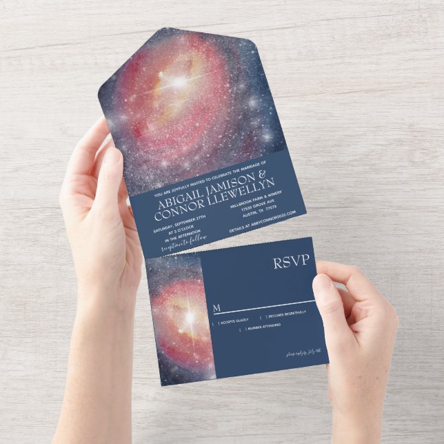 Modern Night Sky Galaxy Blue Lila Red All In One Einladung (Abreißen)
