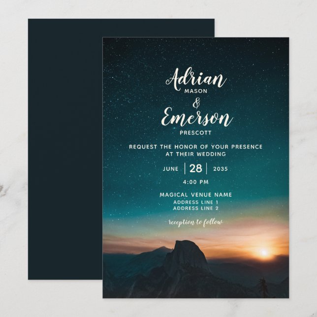 Modern Night Sky Mountain Aquamarine Hochzeit Einladung (Vorne/Hinten)