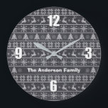 Modern Nordic Knit Ugly Sweater Chalkboard Name Große Wanduhr<br><div class="desc">Celebrate the holiday season in “style” with this modern, Nordic style, ugly sweater knitted pattern, custom name clock! Cute, whimsical trees, reindeer, and ornaments in white overlay a chalkboard background. Get in the holiday mood with family and friends whenever you look at this fun clock. Personalize with your name or...</div>