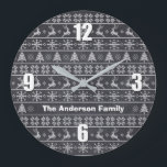 Modern Nordic Knit Ugly Sweater Chalkboard Name Große Wanduhr<br><div class="desc">Celebrate the holiday season in “style” with this modern, Nordic style, ugly sweater knitted pattern, custom name clock! Cute, whimsical trees, reindeer, and ornaments in white overlay a chalkboard background. Get in the holiday mood with family and friends whenever you look at this fun clock. Personalize with your name or...</div>