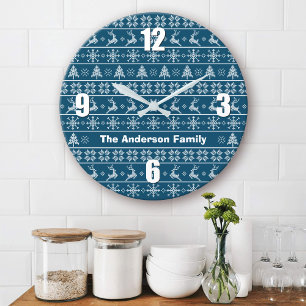 Modern Nordic Knit Ugly Sweater Navy White Name Große Wanduhr