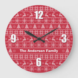 Modern Nordic Knit Ugly Sweater Red White Name Große Wanduhr