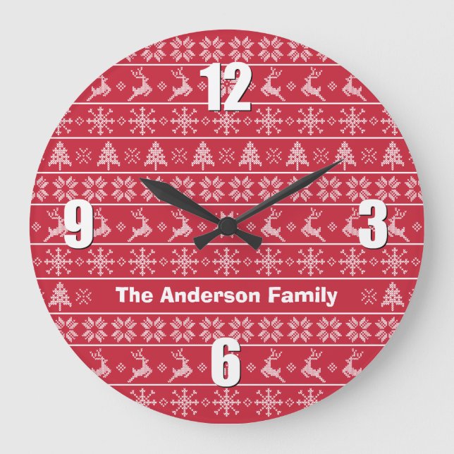 Modern Nordic Knit Ugly Sweater Red White Name Große Wanduhr (Vorderseite)