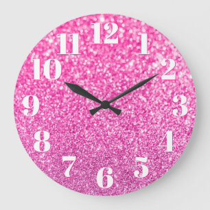 Modern Numbers Faux Sparkly Bokeh Pink Glitter Große Wanduhr
