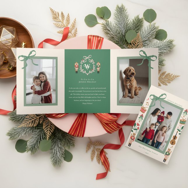 Modern Nutcracker Christmas Bow Ribbon Foto Frame Dreifach Gefaltete Urlaubskarte (Modern Nutcracker Christmas Bow Ribbon Photo Frame Tri-Fold Holiday Card)