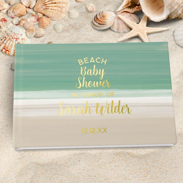 Modern Ocean Beach Baby Dusche Danke Nachricht Gästebuch (Add your details and a short message to this modern Ocean Beach Baby Shower real foil guest book)