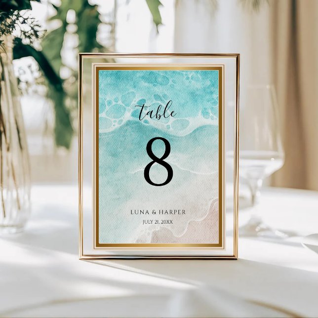 Modern Ocean Tide Watercolor Beach Wedding Tischnummer (Von Creator hochgeladen)