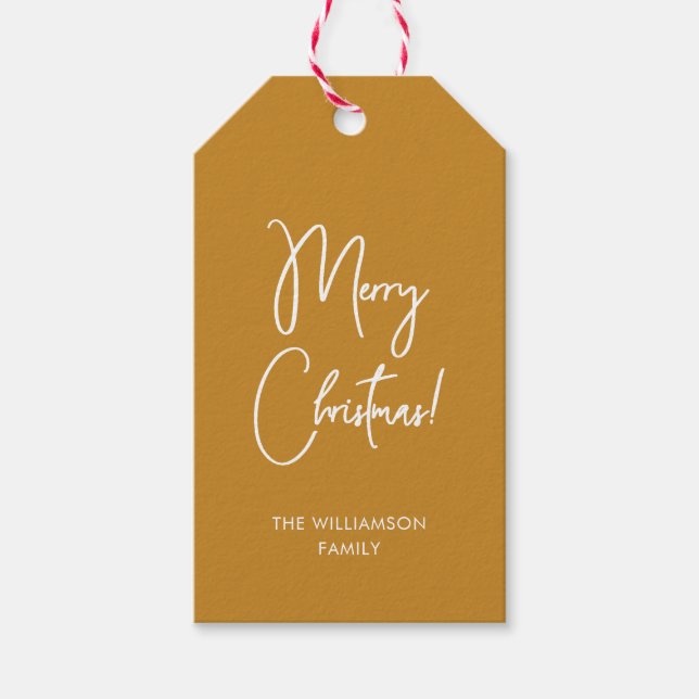 Modern Ochre Calligraphie Script Frohe Weihnachten Geschenkanhänger (Vorderseite)