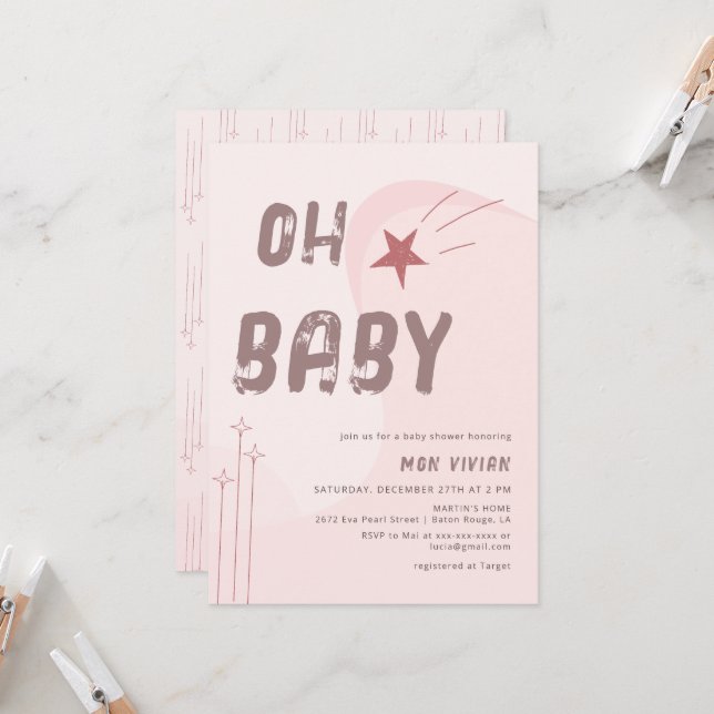 Modern Oh Baby Beige Ästhetische Babydusche Einladung (Vorderseite/Rückseite Beispiel)