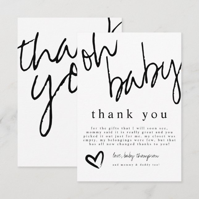 Modern Oh Baby Black & White Baby Dusche Dankeskarte (Vorne/Hinten)