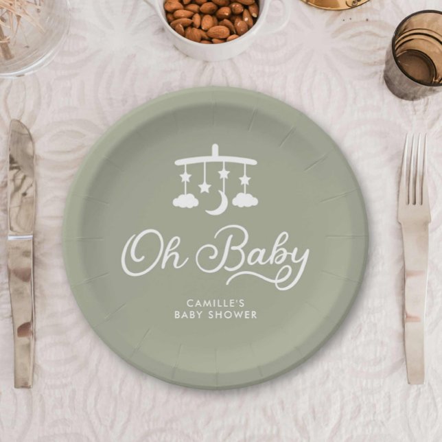 Modern Oh Baby Dusche Personalisiert Pappteller (Sage Green Oh baby shower paper plates)