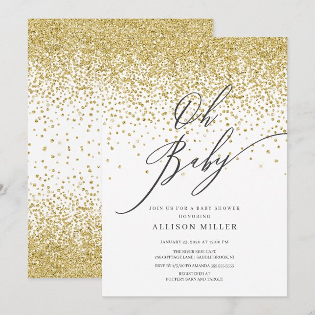 Modern Oh Baby Gold Glitzer Babydusche Einladung (Vorne/Hinten)
