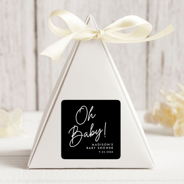 Modern Oh Baby Script Black und White Baby Dusche Quadratischer Aufkleber (Von Creator hochgeladen)