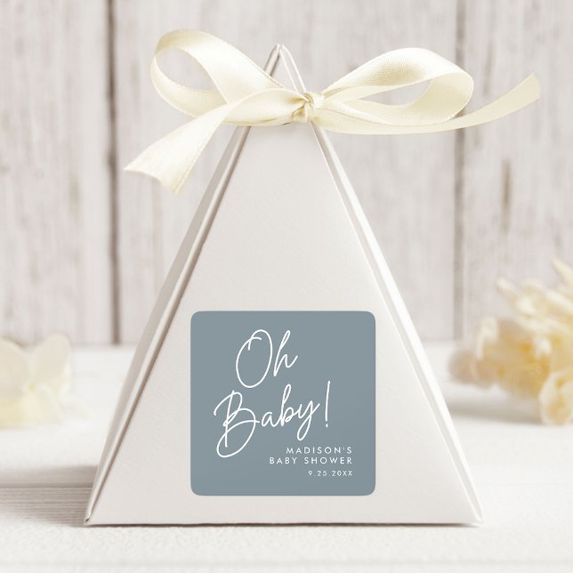 Modern Oh Baby Script Dusty Blue Baby Dusche Quadratischer Aufkleber (Von Creator hochgeladen)