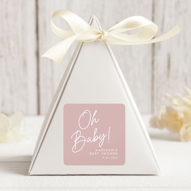 Modern Oh Baby Script Dusty Rose Babydusche Quadratischer Aufkleber (Von Creator hochgeladen)