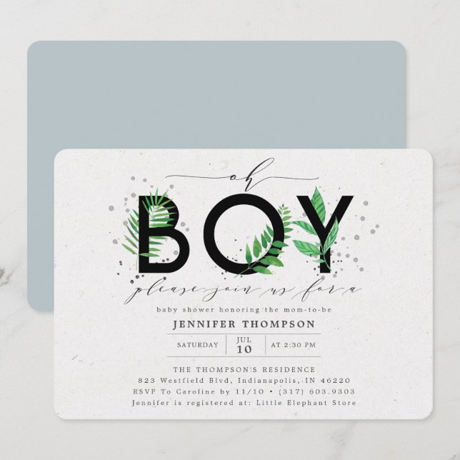 Modern Oh Boy Blue Tropical Greenery Baby Dusche Einladung (Vorne/Hinten)