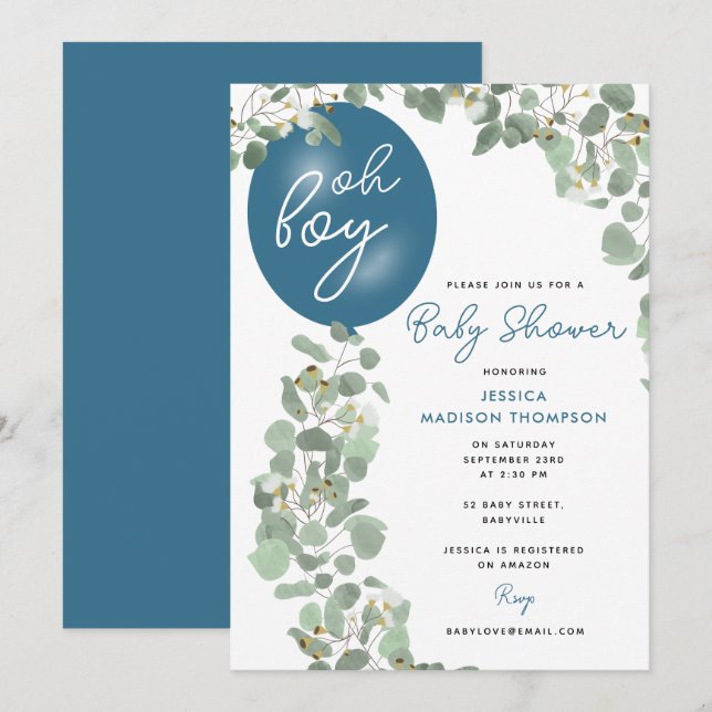 Modern Oh Boy Eucalyptus Blue Balloon Baby Dusche Einladung (Vorne/Hinten)