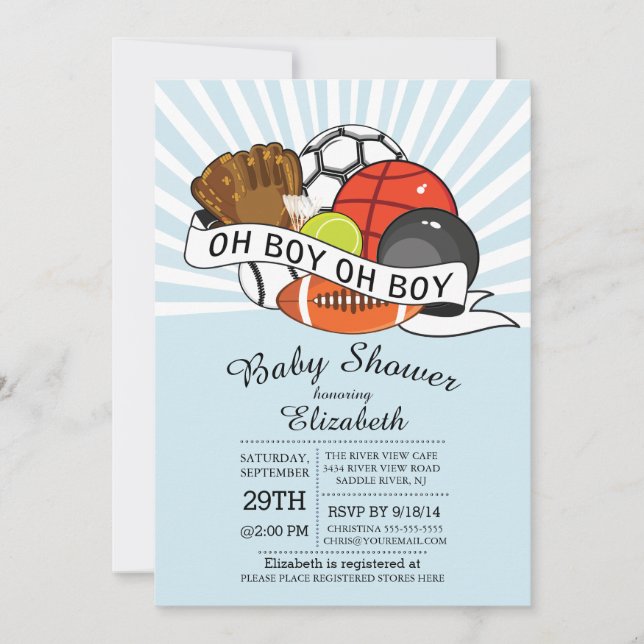 Modern Oh Boy Sports Boys Kinderdusche Einladung (Vorderseite)