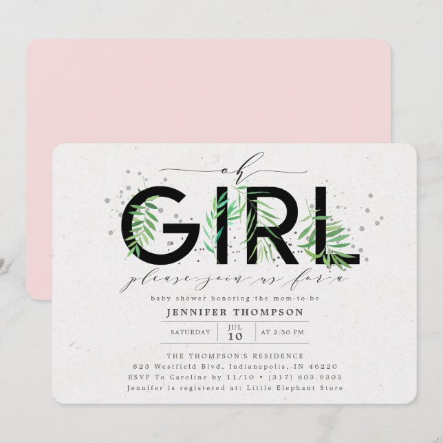 Modern Oh Girl Blush Tropical Greenerity Babydusch Einladung (Vorne/Hinten)
