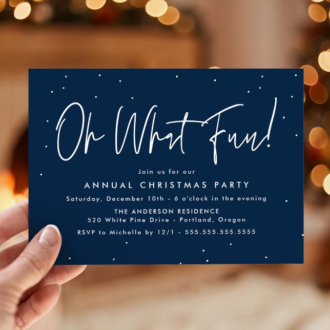Modern Oh What Fun Script Navy Holiday Party Einladung (Von Creator hochgeladen)