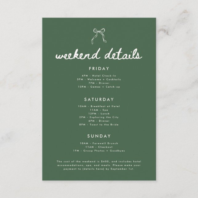 Modern Olive Green Bachelorette Weekend Details Begleitkarte (Vorderseite)
