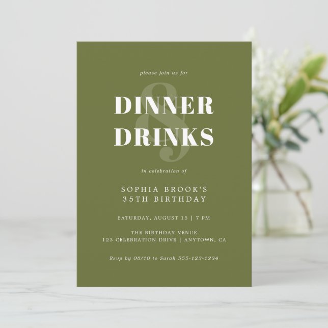 Modern Olive Green Bold Typografy Birthday Dinner Einladung (Stehend Vorderseite)
