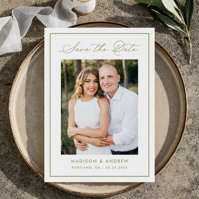 Modern Olive Green Border Script Photo Wedding Save The Date (Von Creator hochgeladen)