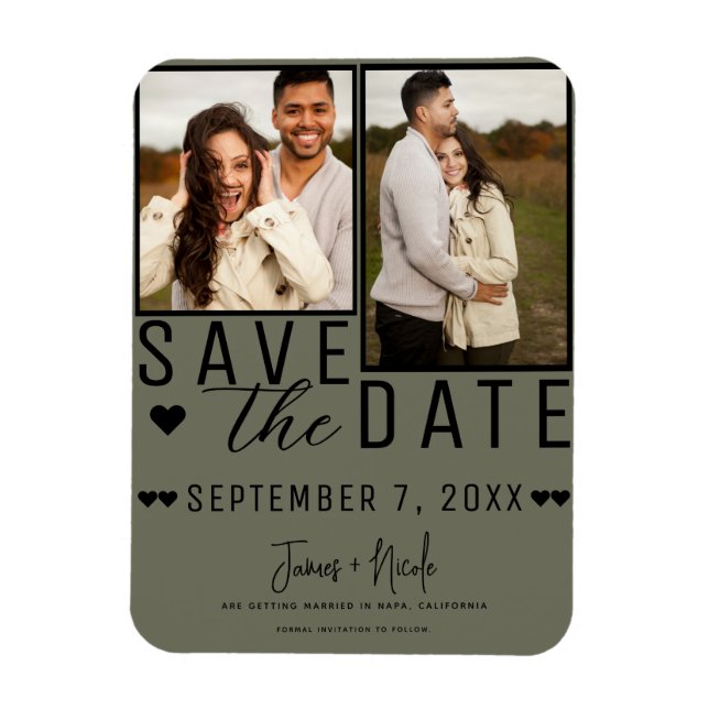 Modern Olive Green Save the Date 2 Foto Hochzeit Magnet (Vertikal)