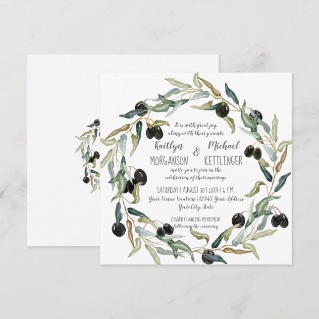 Modern Olive Leaf Wreath Watercolor Kunst, Dichtun Einladung (Vorne/Hinten)