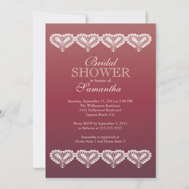 Modern Ombre Lace Hearts Bridal Dusche Einladung (Vorderseite)