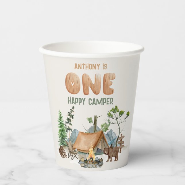 Modern One Happy Camper Watercolor 1st Birthday Pappbecher (Vorderseite)